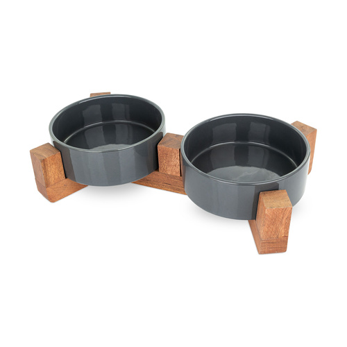 Barry King Zestaw 2 misek, dla kota, na stojaku drewnianym, ciemnoszare, ceramiczne, 12cm