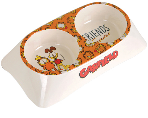 Garfield, podwójna miska z melaminy dla kota, biała/żółta