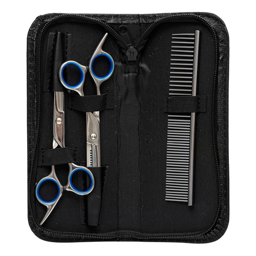 Ekskluzywny zestaw gromerski dla zwierząt,  3 elementy: nożyczki do sierści, degażówki, grzebień metalowy, plus etui