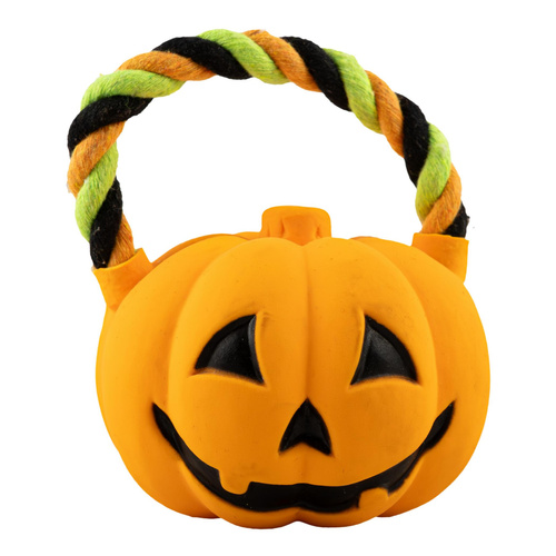 Zabawka, dla psa, dynia, lateksowa, 7,5 cm, z bawełnianym uchwytem