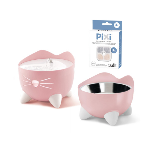 CatIt Pixi Fountain Combo, zestaw poidło Pixi 2,5l + miska, jasnoróżowy, GRATIS opakowanie filtrów CH-7216