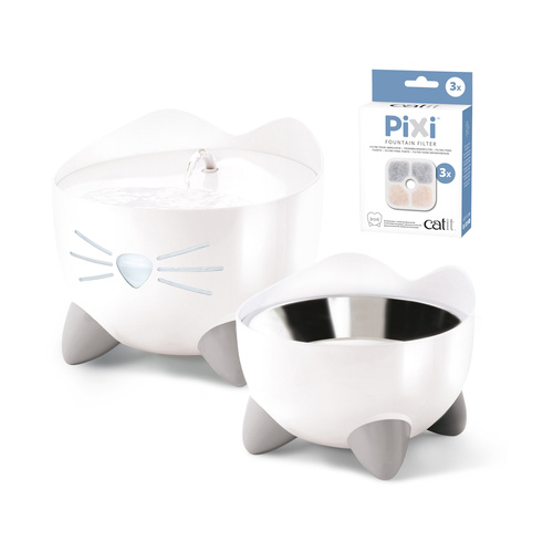 CatIt Pixi Fountain Combo, zestaw poidło Pixi 2,5l + miska, biały, GRATIS opakowanie filtrów CH-7216
