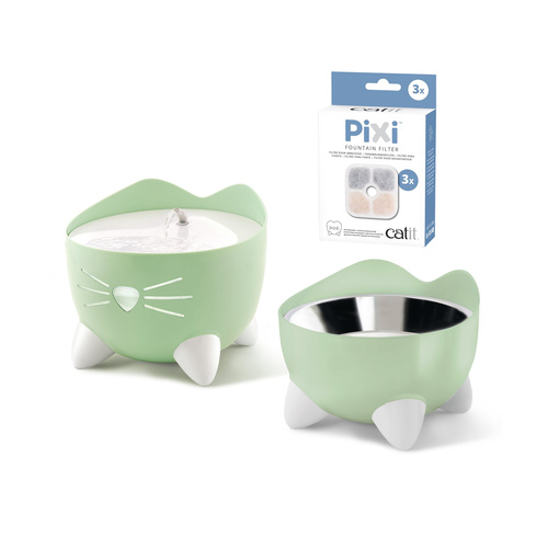 CatIt Pixi Fountain Combo, zestaw poidło Pixi 2,5l + miska, miętowo-zielony, GRATIS opakowanie filtrów CH-7216