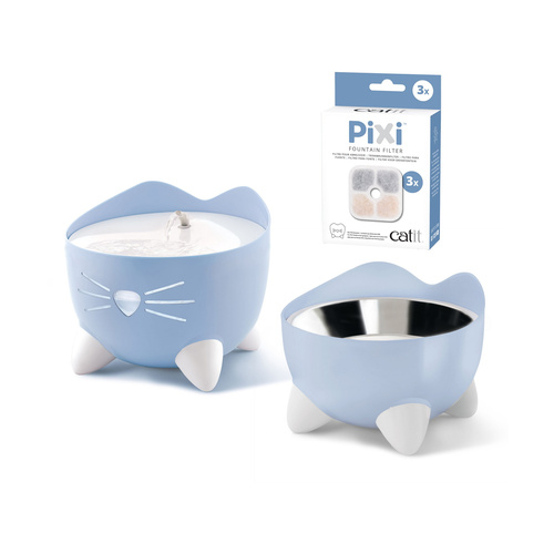 CatIt Pixi Fountain Combo, zestaw poidło Pixi 2,5l + miska, jasnoniebieski, GRATIS opakowanie filtrów CH-7216