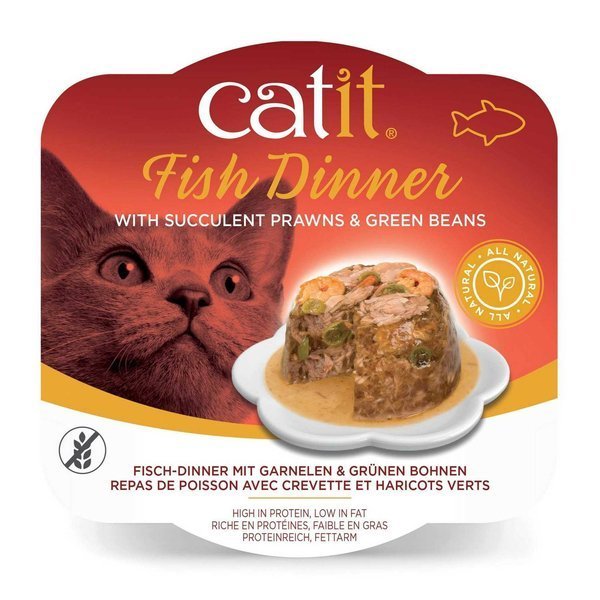 Catit Fish Dinner mokry pokarm dla kota krewetki fasolka szparagowa szalka 80g